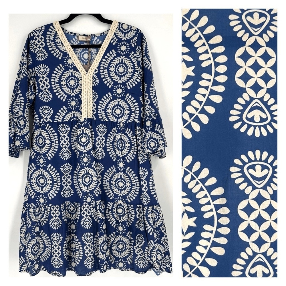 New! Saiph Lab Tiered Bell Sleeve Santorini Mini Dress White Blue 45369